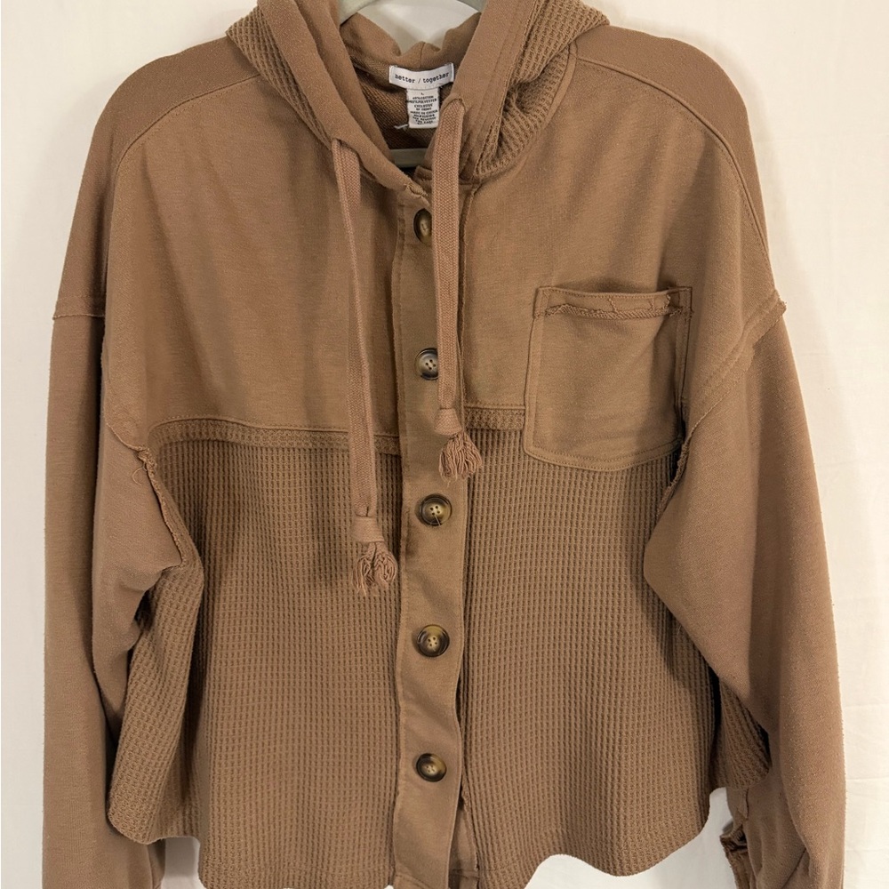 Cropped Oversized hooded waffle knit shacket in a brown/taupe color.